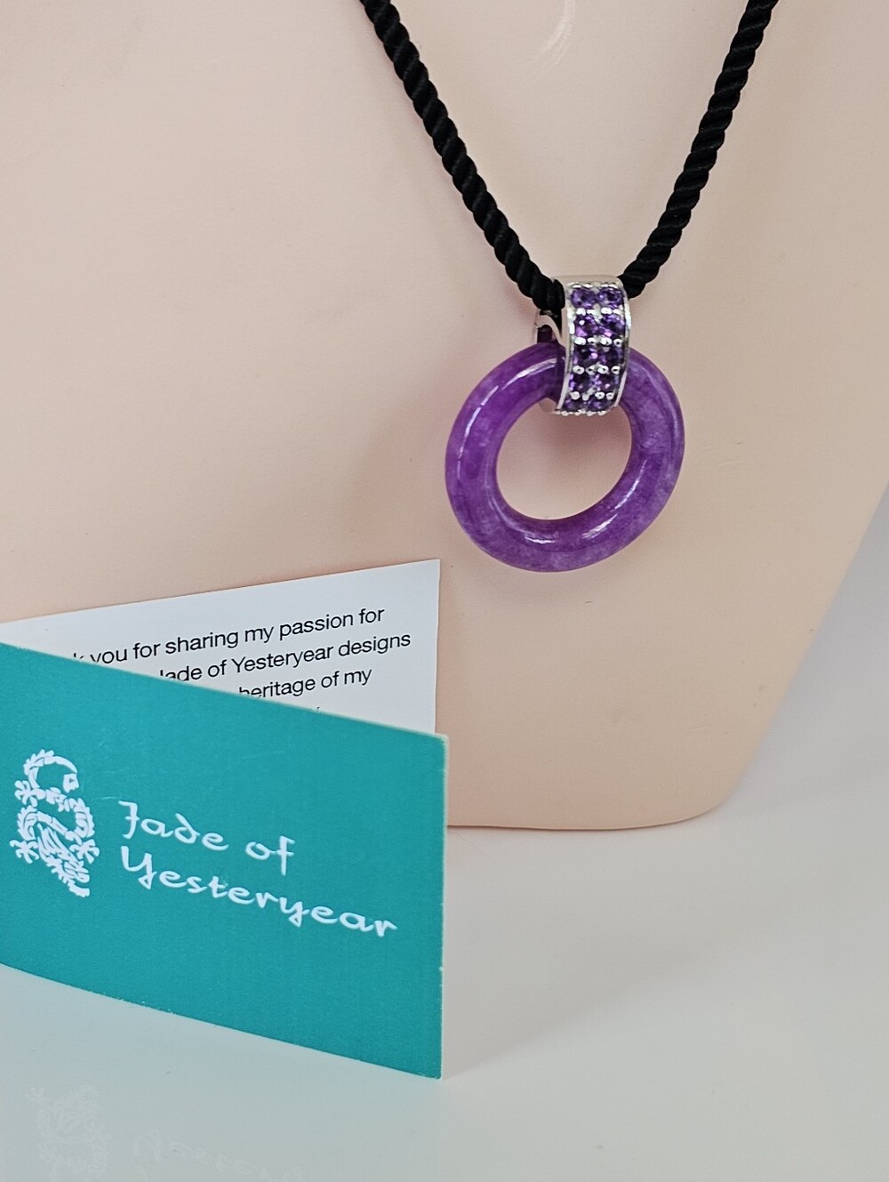 Genuine Jade & Amethyst Pendant On Adjustable Silk Cord With Sterling Silver